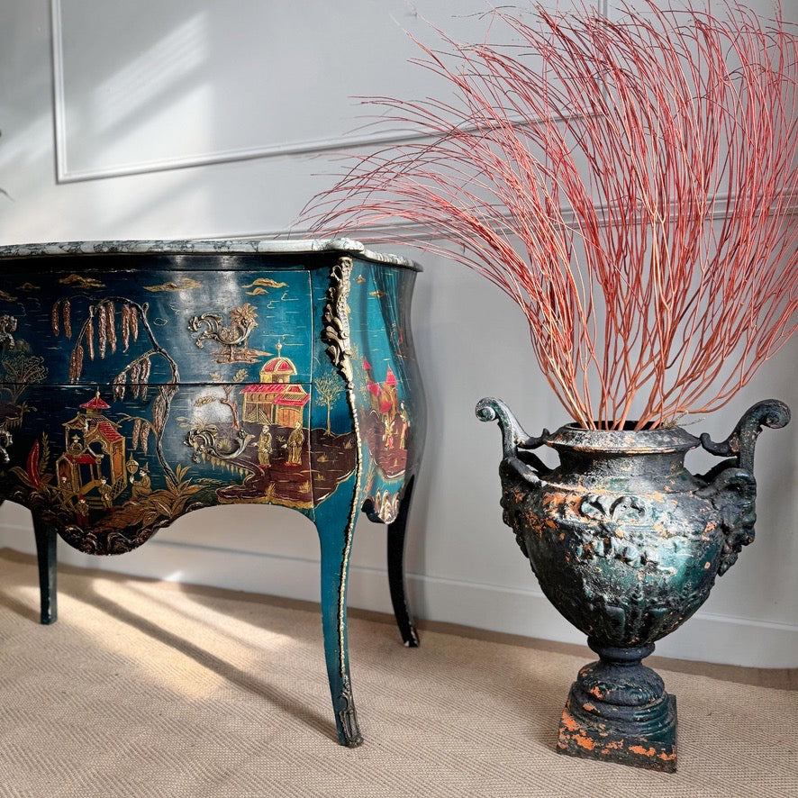 Antique Blue Chinoiserie Bombe Commode 19th Century France