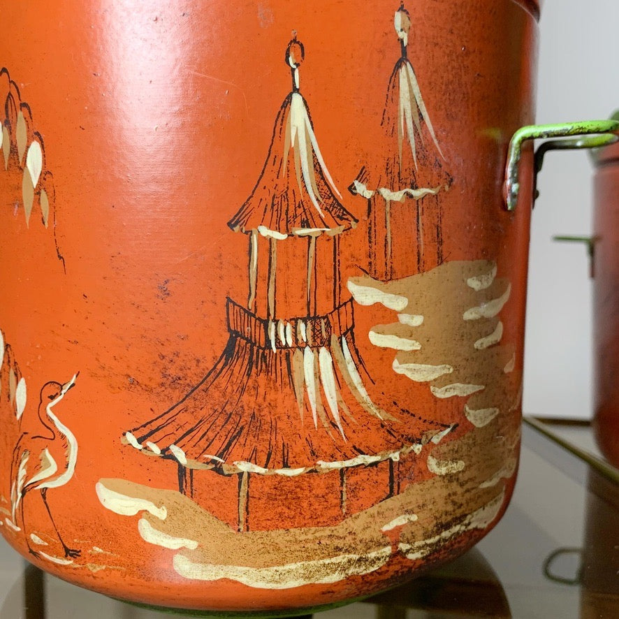 Red Italian Hand Painted Chinoiserie Ice Buckets 1950's