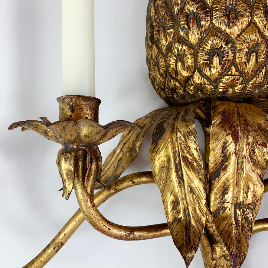 Italian 1950's Gold Wrought Iron Pineapple Candle Wall Sconce