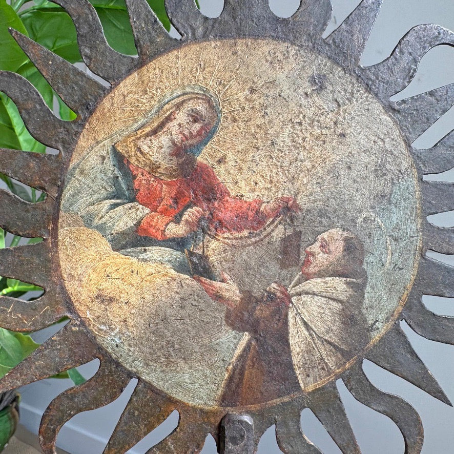 Painted Sunburst Mounted on a Baroque Silver Gilt Altar Vase 18th Century