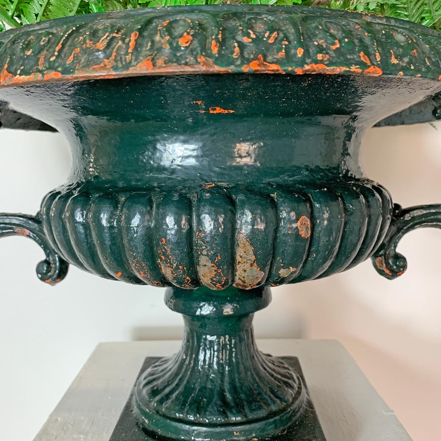 19th C French Green Cast Iron Urn With Decorative Handles