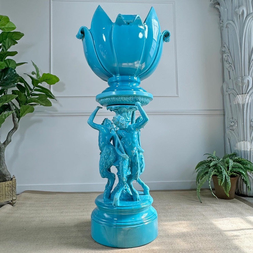 Jerome Massier Blue Glazed Faience Satyr Planter and Stand