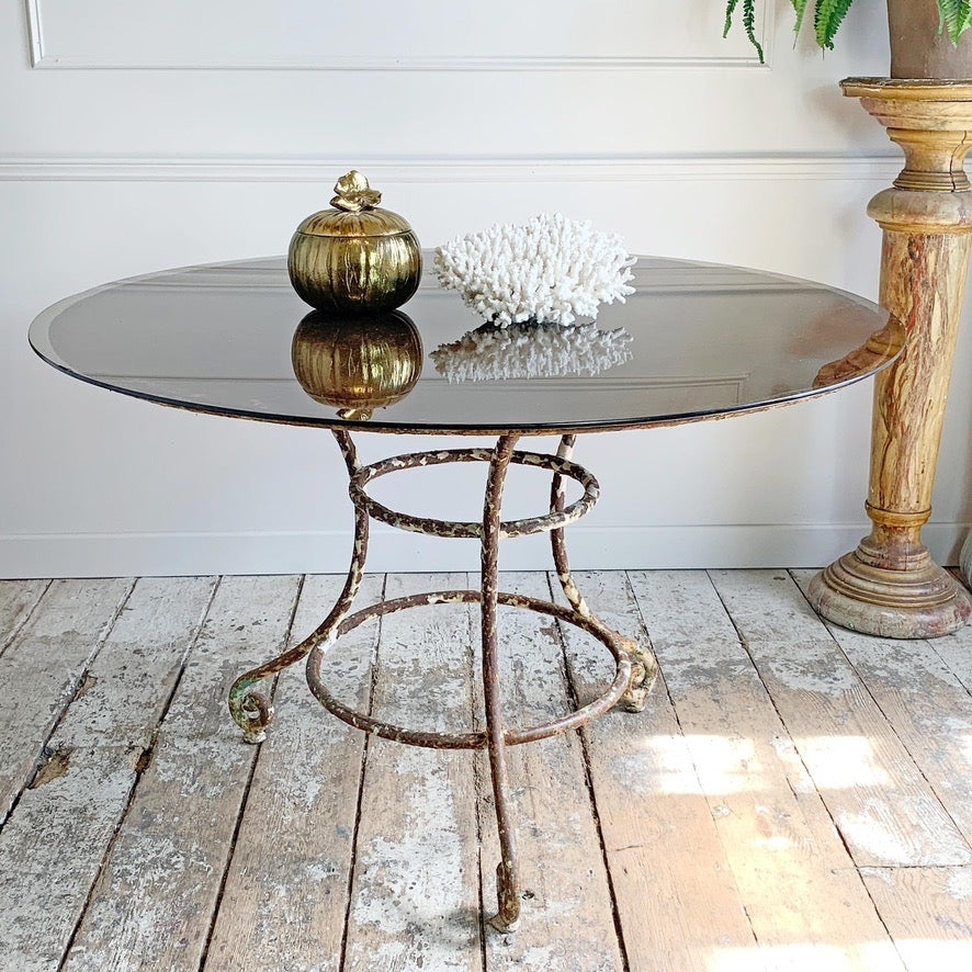 19th Century Large French Wrought Iron Table with Glass Top
