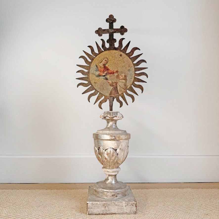 Painted Sunburst Mounted on a Baroque Silver Gilt Altar Vase 18th Century