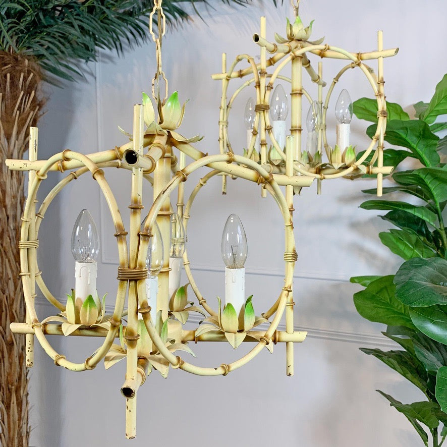 Pair of Faux Bamboo Pagoda Chandeliers Italy 1950's