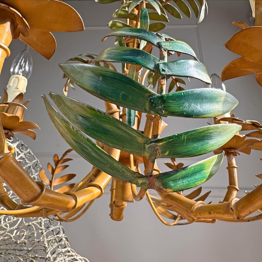Faux Bamboo Palm Leaf Italian Tole Chandelier 1960's