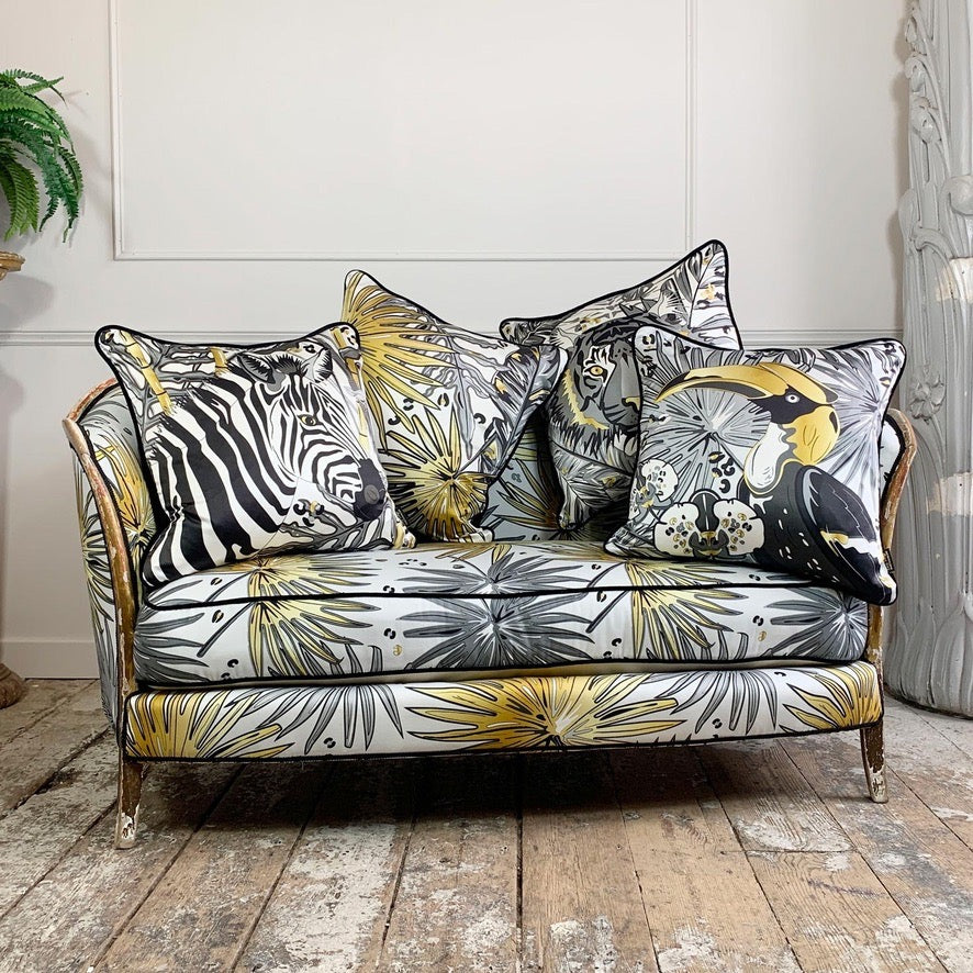 Antique French Parlour Settee in Tropics 'Fan Palm' Fabric