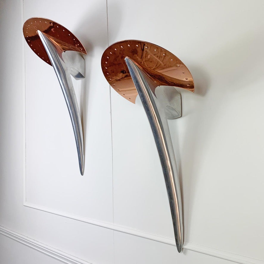 Pair of Copper & Silver Alien Wall Lights designed by Joan Auger