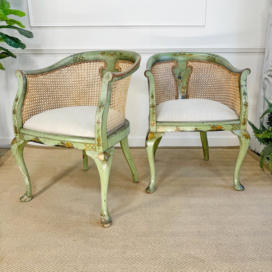 Pair of 19th Century Green Queen Anne Revival Chinoiserie Bergere Chairs
