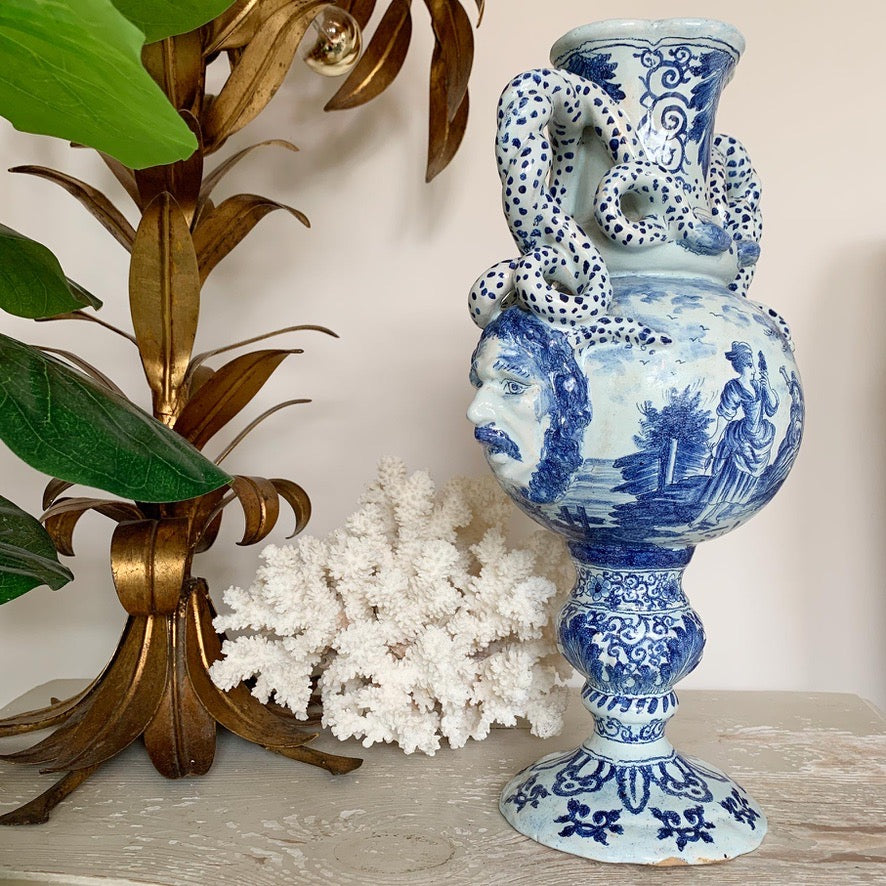 Late 18th Century Delft Style Blue and White Bacchus Serpent Handled Vase