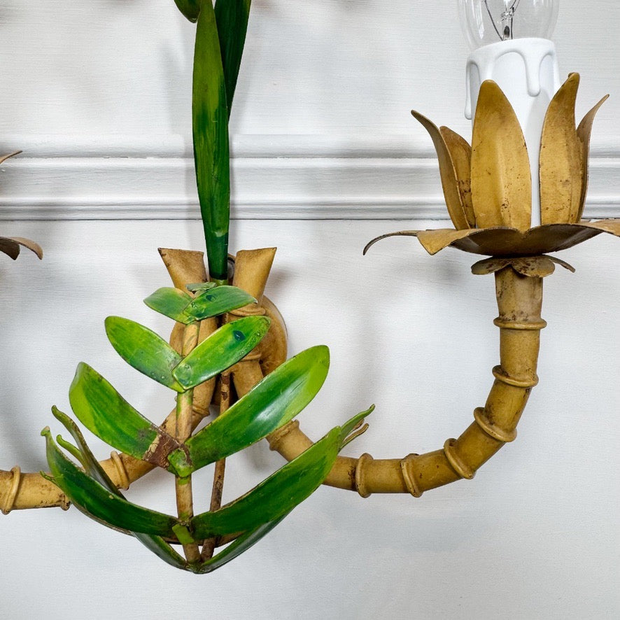 Vintage Pair of Faux Bamboo Palm Wall Lights 1950's Italian
