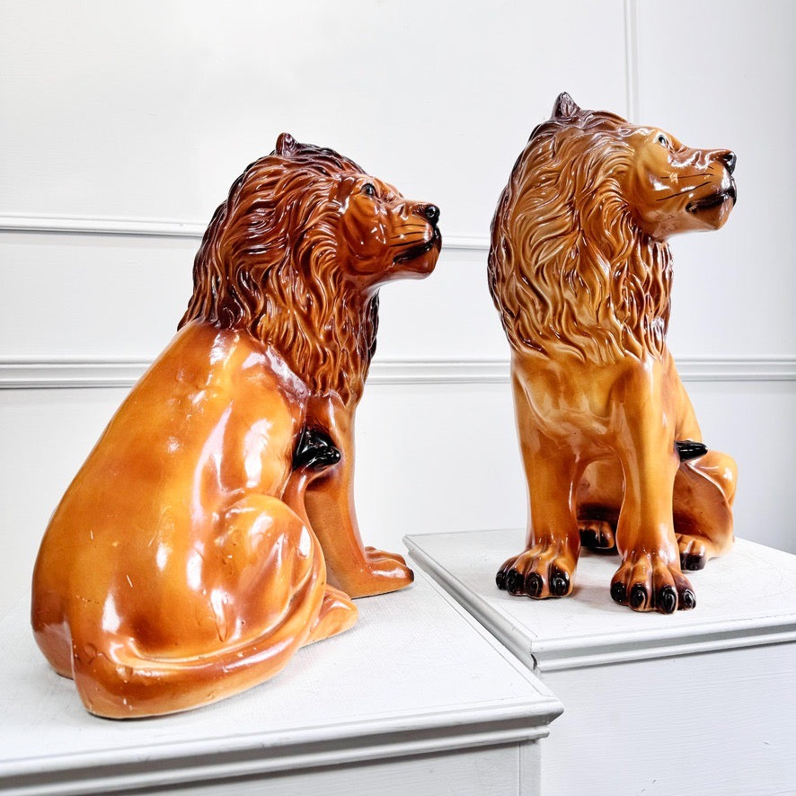 Pair of Staffordshire Pottery Lions