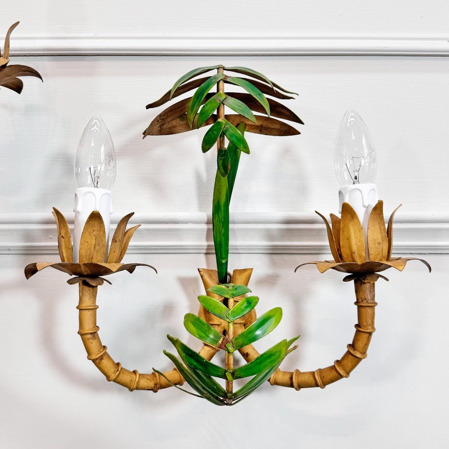 Vintage Pair of Faux Bamboo Palm Wall Lights 1950's Italian