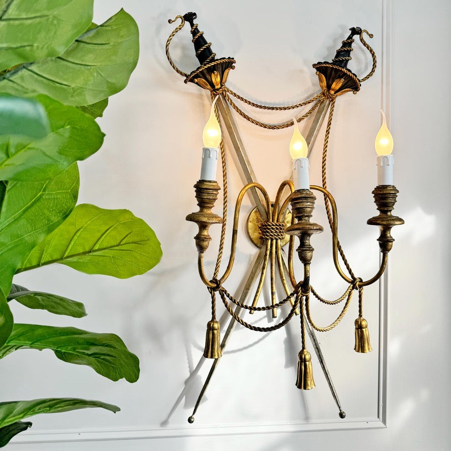 An Outstanding 1950's Italian Cross Sword and Gilt Rope Tassel Wall Light