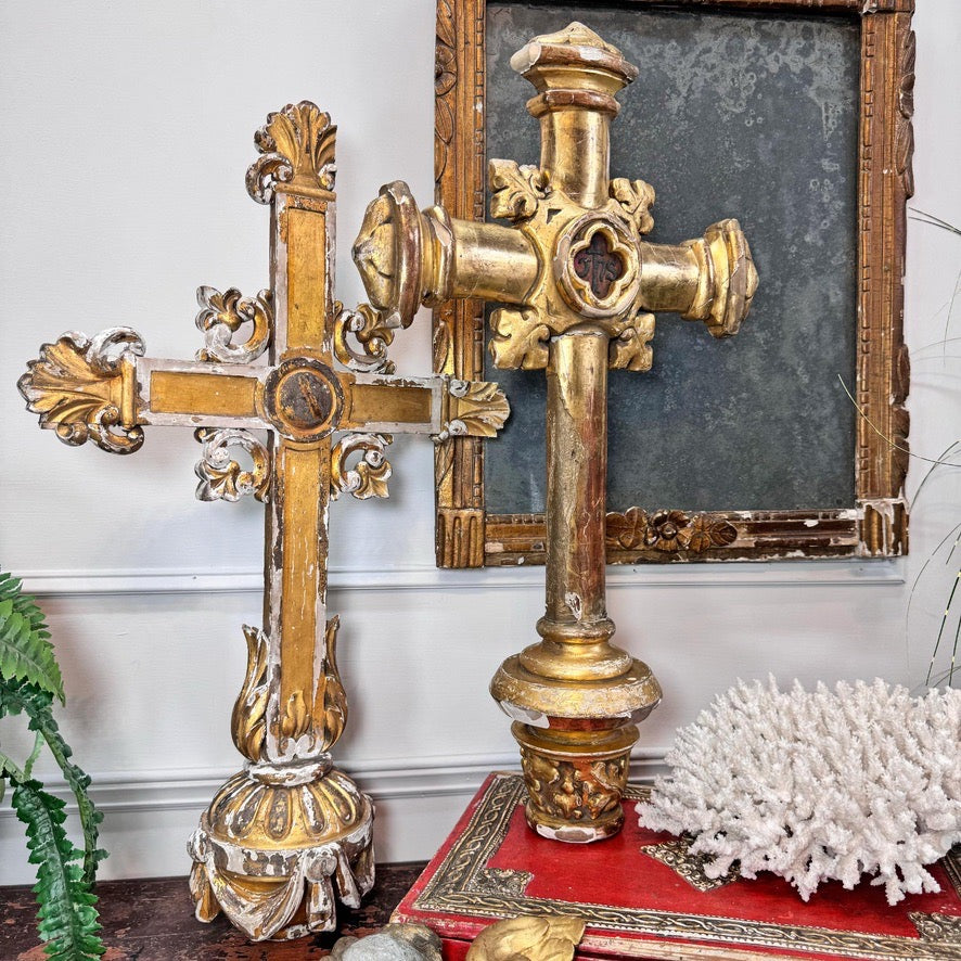 18th Century Water Gilded Processional Cross with Embroidered IHS