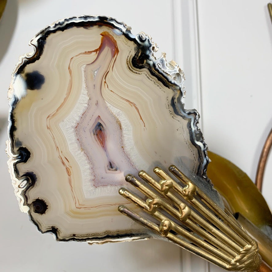 Henri Fernandez Signed Agate and Brass Wall Lights