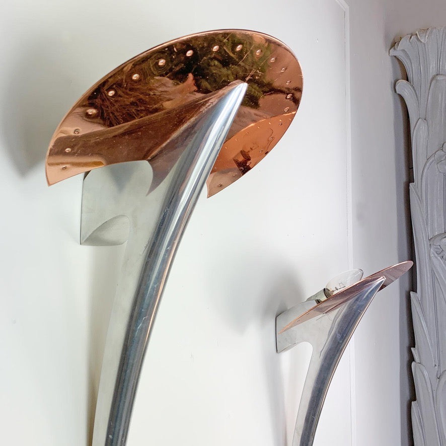 Pair of Copper & Silver Alien Wall Lights designed by Joan Auger