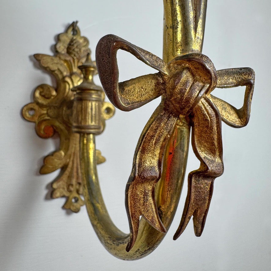 RW Winfield Art Nouveau Opaline and Brass Flower Wall Sconces 1845
