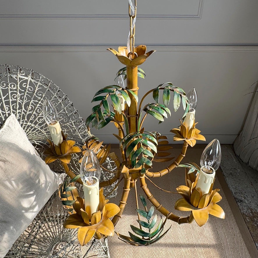 Faux Bamboo Palm Leaf Italian Tole Chandelier 1960's