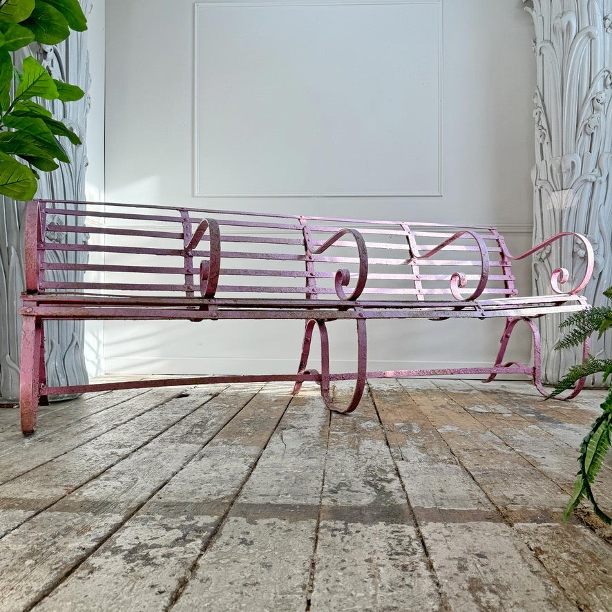 Early Victorian Scroll Arm Wrought Iron Pink Bench of Exceptional Proportions