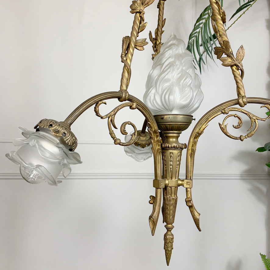 Art Nouveau Bronze and Glass Torchiere and Flower Chandelier circa 1905