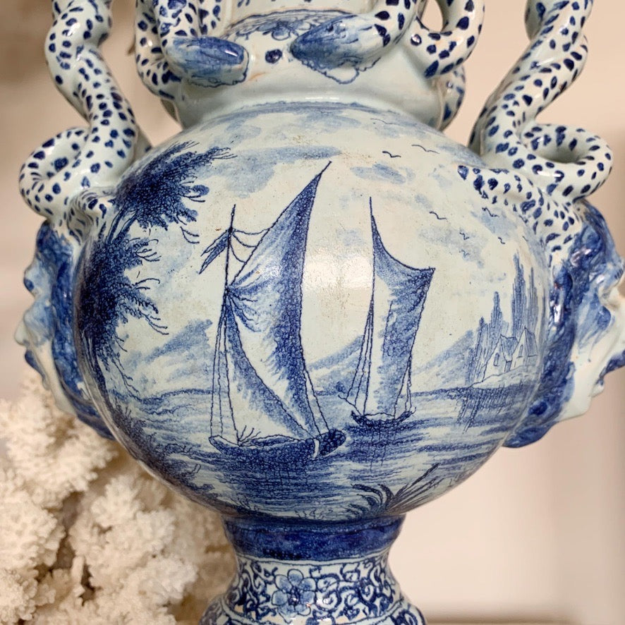 Late 18th Century Delft Style Blue and White Bacchus Serpent Handled Vase