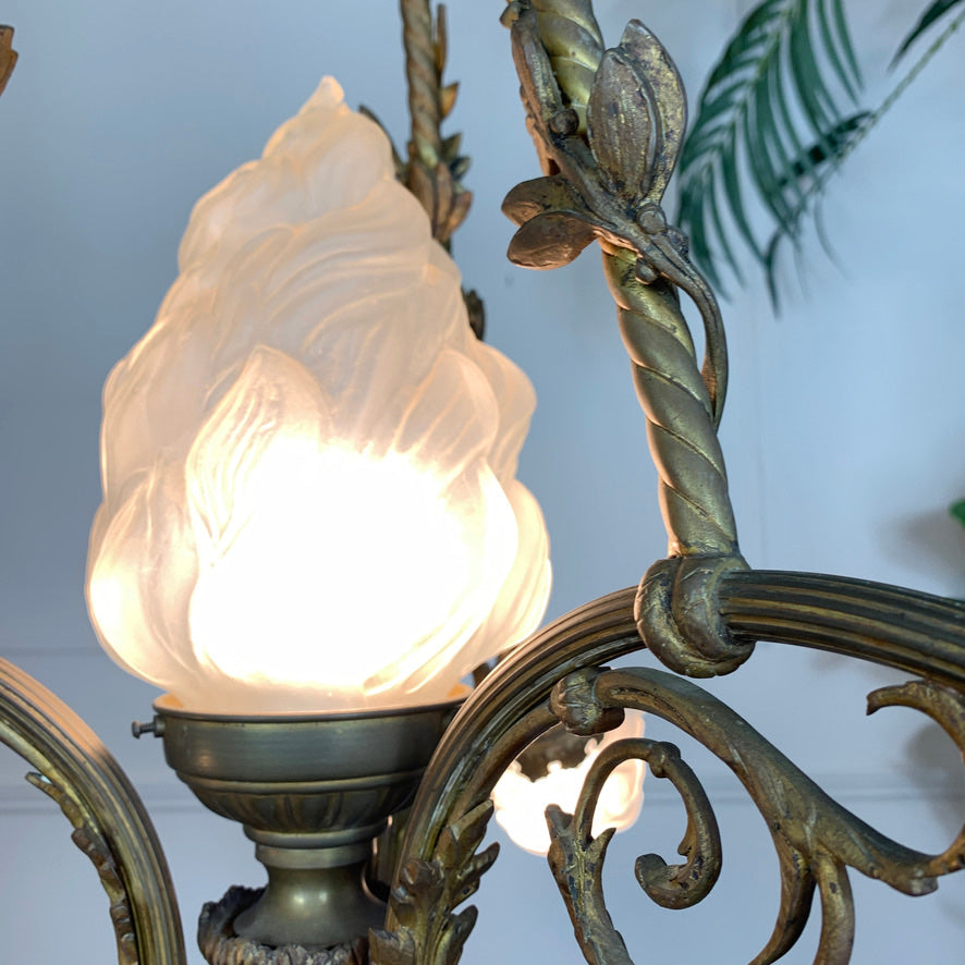 Art Nouveau Bronze and Glass Torchiere and Flower Chandelier circa 1905