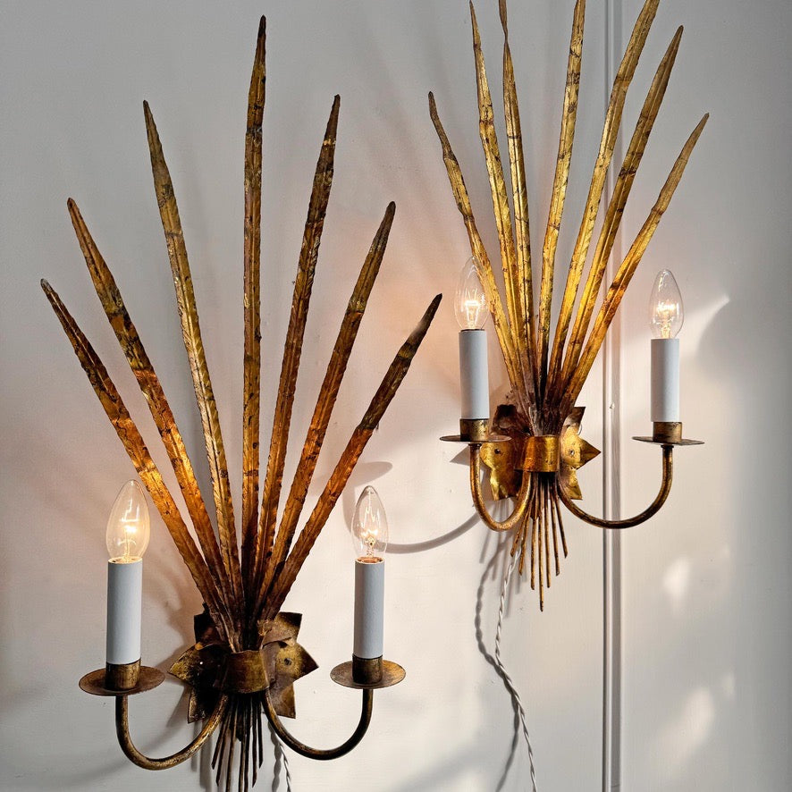 Pair of Vintage Gold Reed Leaf Wall Lights by Ferrocolor Spain 1950's