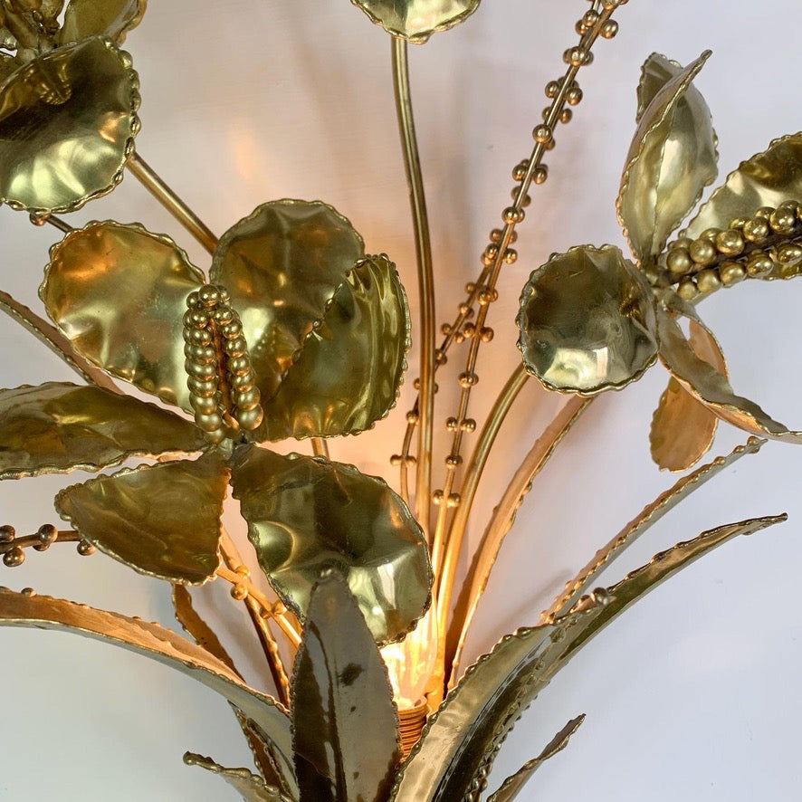 Brutalist French Gold Flower Bouquet Wall Light