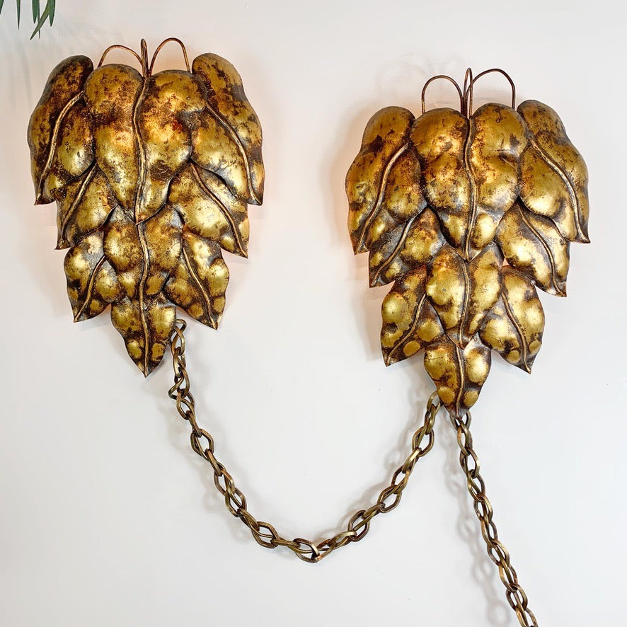 Pair of Gold Italian Leaf and Chain Swag Wall Lights 1950's