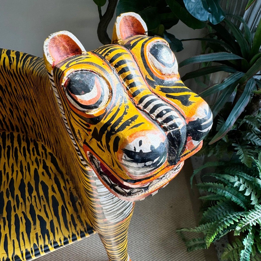 Vintage Pair of Indian Polychrome-Decorated Tiger Throne Chairs