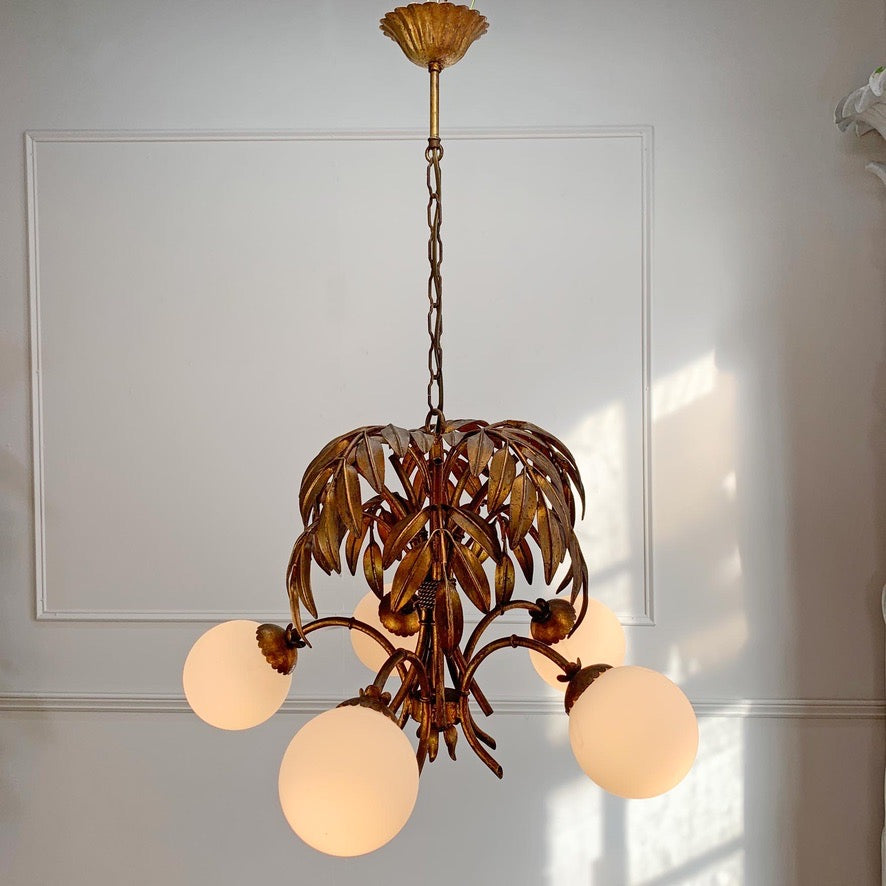 Hans Kogl Gilt Faux Bamboo Chandlier with Glass Globes