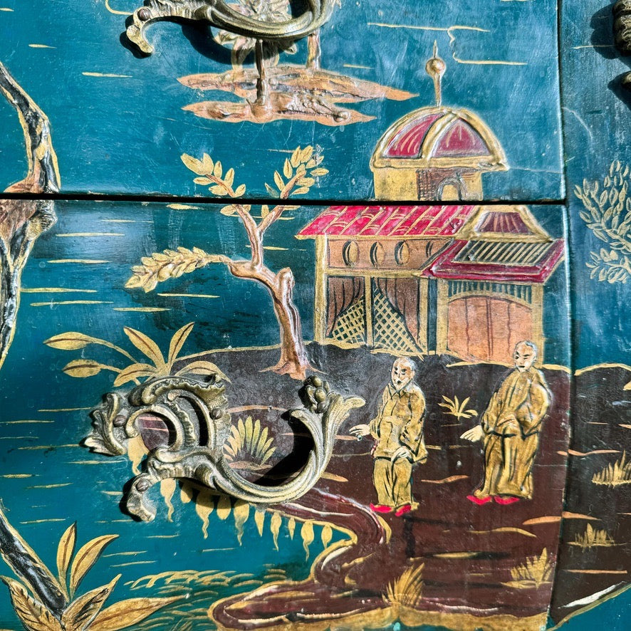Antique Blue Chinoiserie Bombe Commode 19th Century France