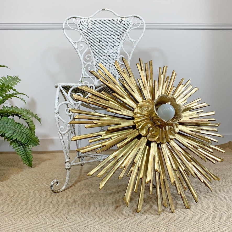 Large Water Gilded Gold Wooden Chapel Sunburst Flush Light