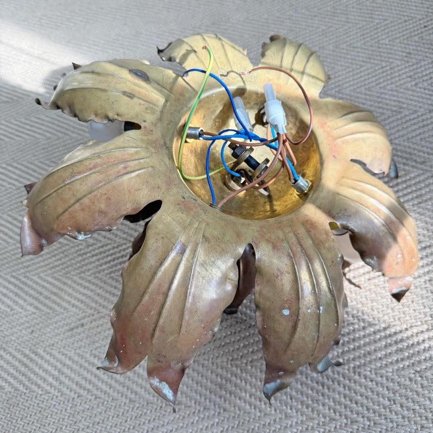 Mid Century Brutalist Copper and Brass Flower Ceiling Light