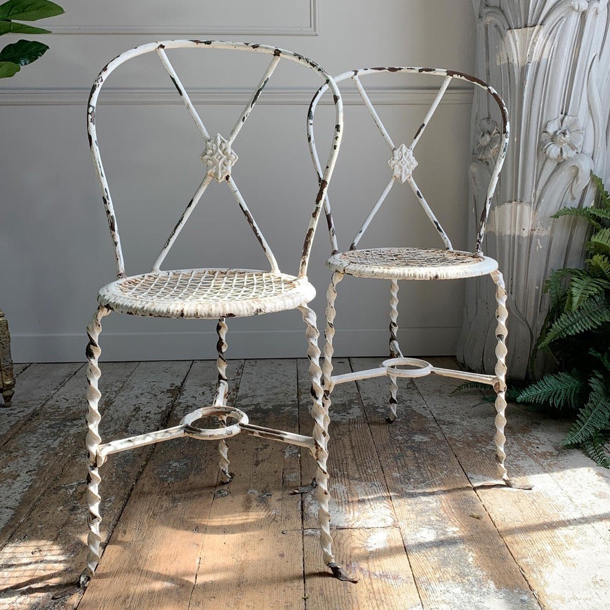 Superb pair of Rare White Tri-Legged Regency Wrought Iron Chairs