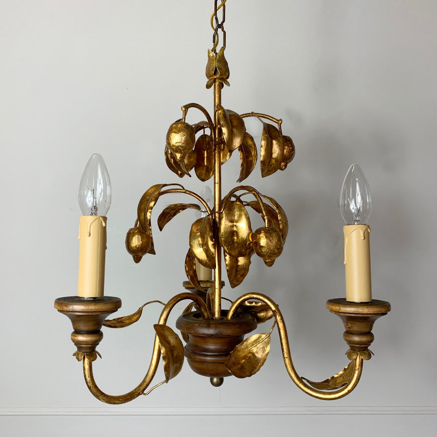 French Gold Lemon Tole Chandelier 1970's