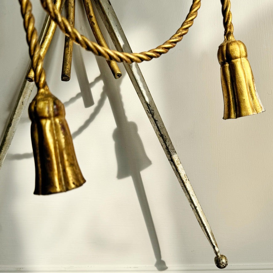 An Outstanding 1950's Italian Cross Sword and Gilt Rope Tassel Wall Light