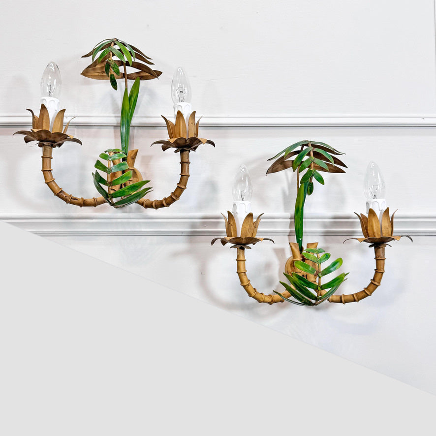 Vintage Pair of Faux Bamboo Palm Wall Lights 1950's Italian