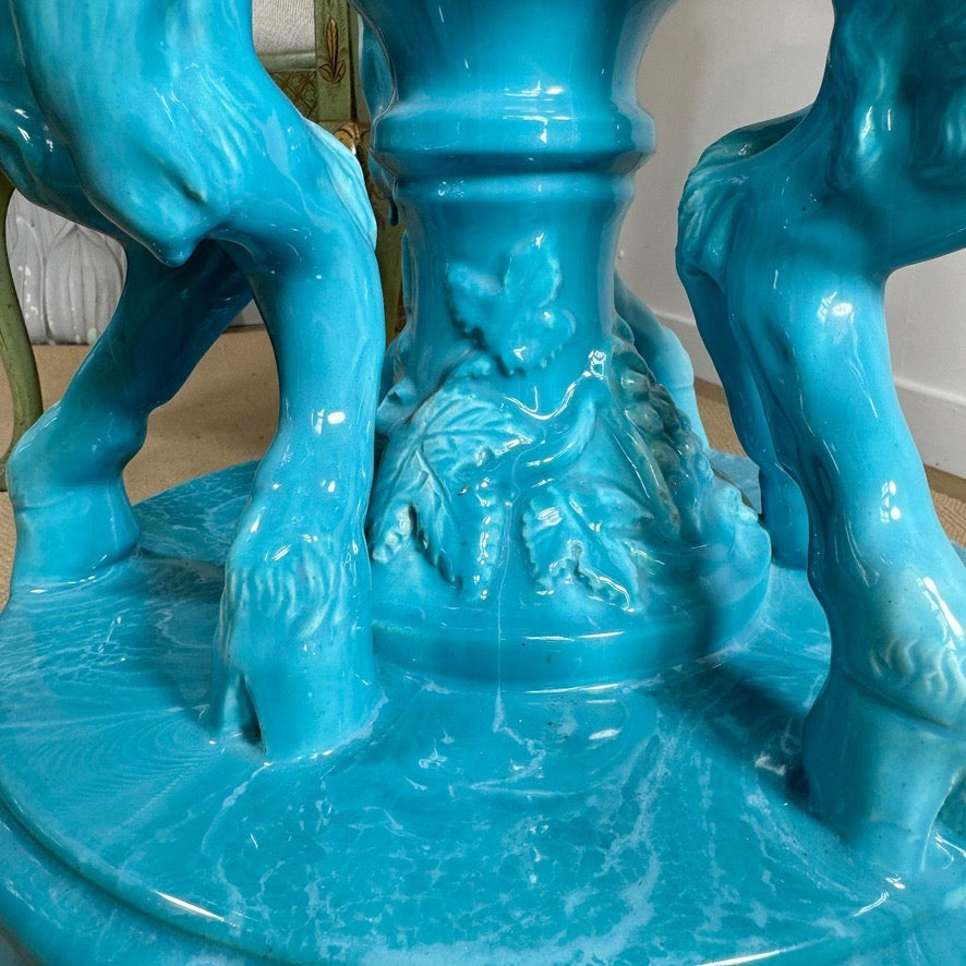 Jerome Massier Blue Glazed Faience Satyr Planter and Stand