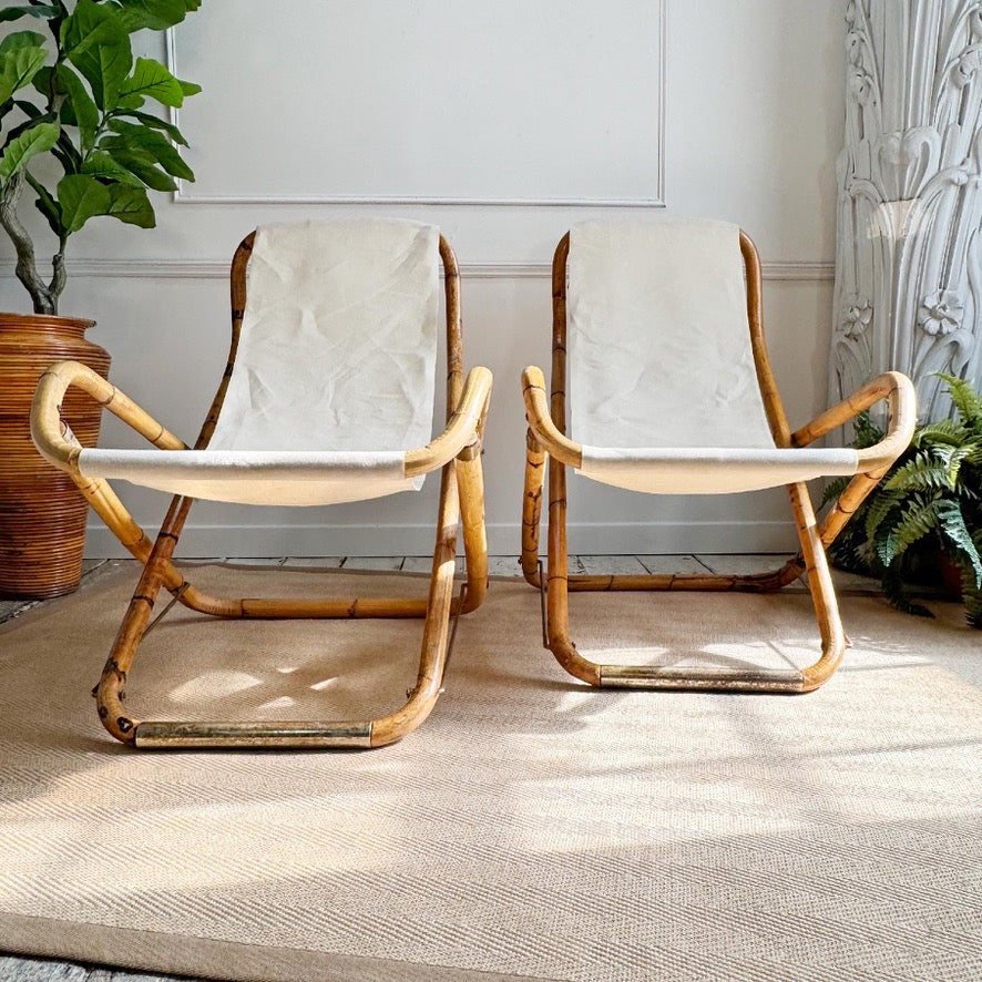 Pair of Vintage Folding Bamboo Deck Chairs 1960's Italian