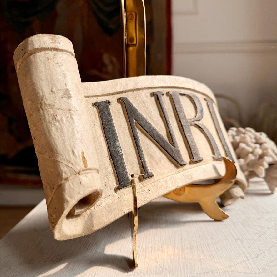 Carved Wood Religious INRI Scroll 18th Century