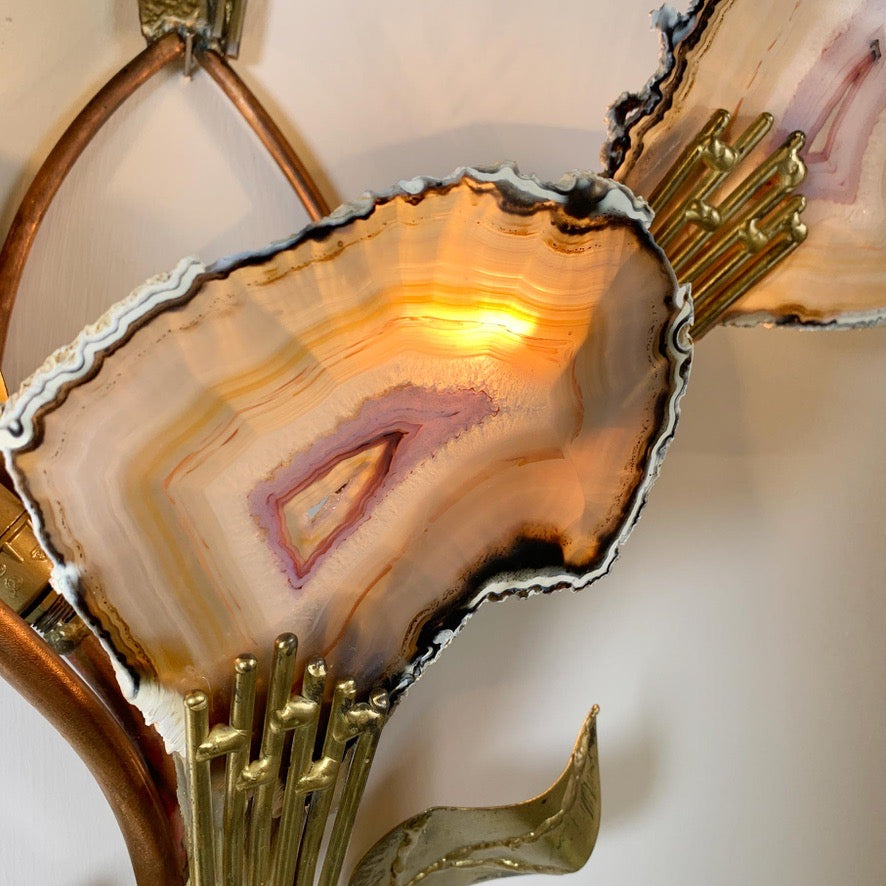 Henri Fernandez Signed Agate and Brass Wall Lights