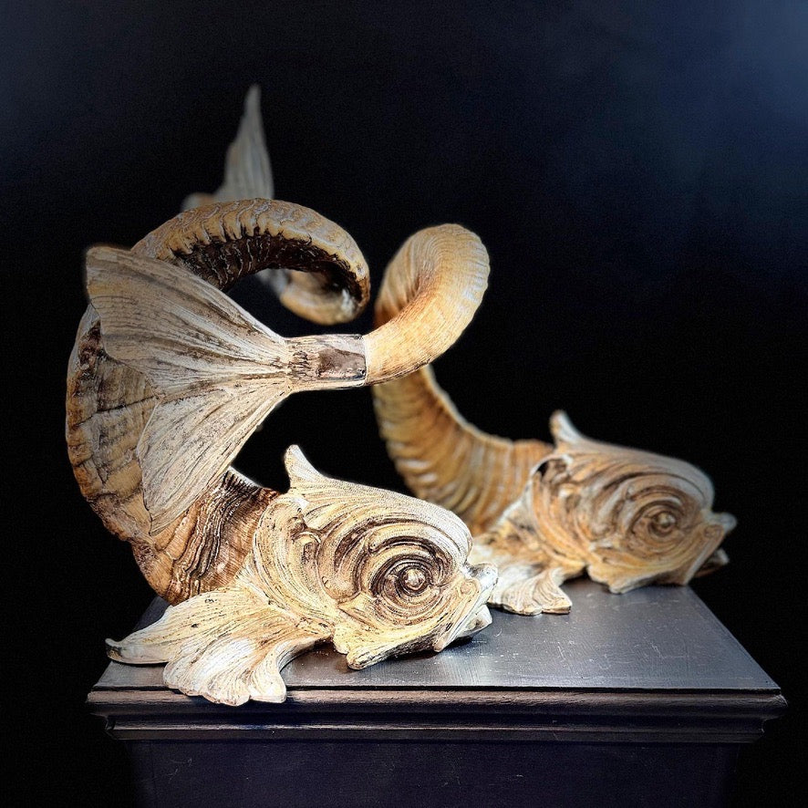 Gabriella Crespi 'Coppia di Delfini' Pair of Rams Horn and Silvered Bronze Mythical Dolphins Each Signed to Base