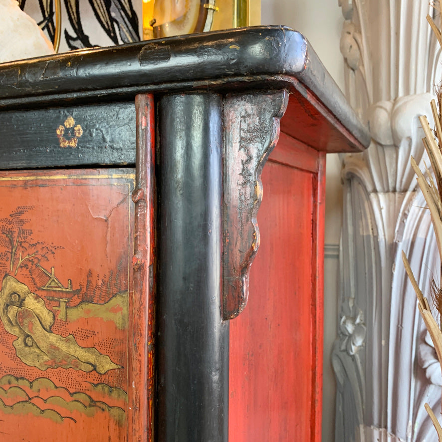 19th C Crimson Red On Black, Chinoiserie Cabinet