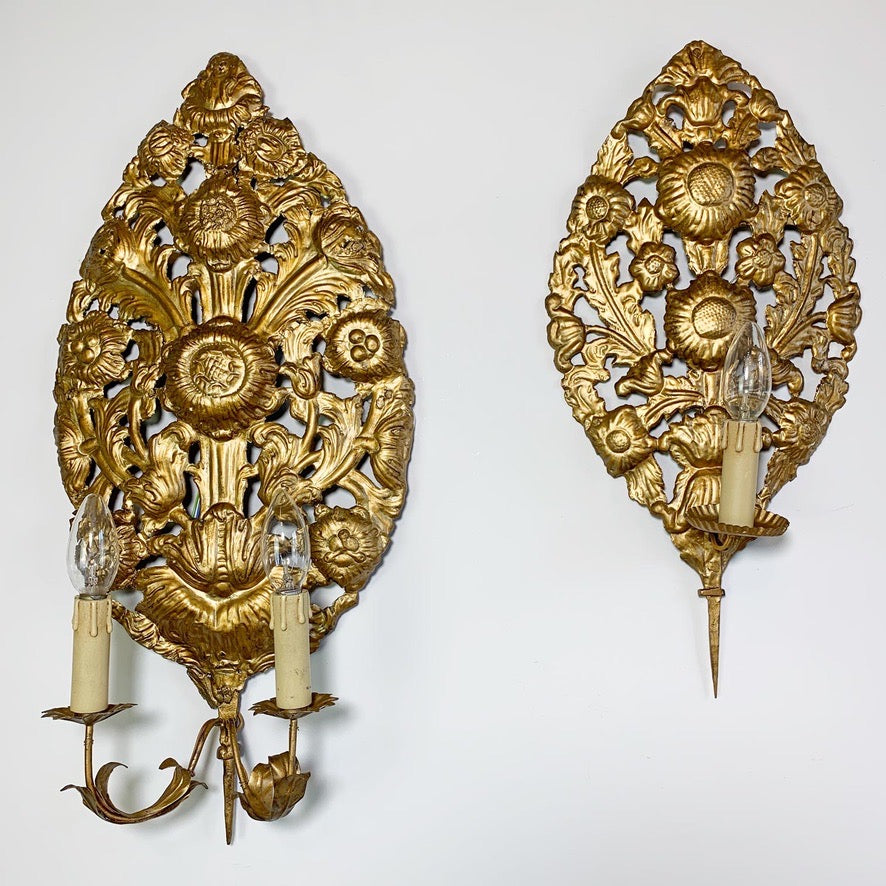 Set of 3 Gold Repousse Baroque Wall Sconces