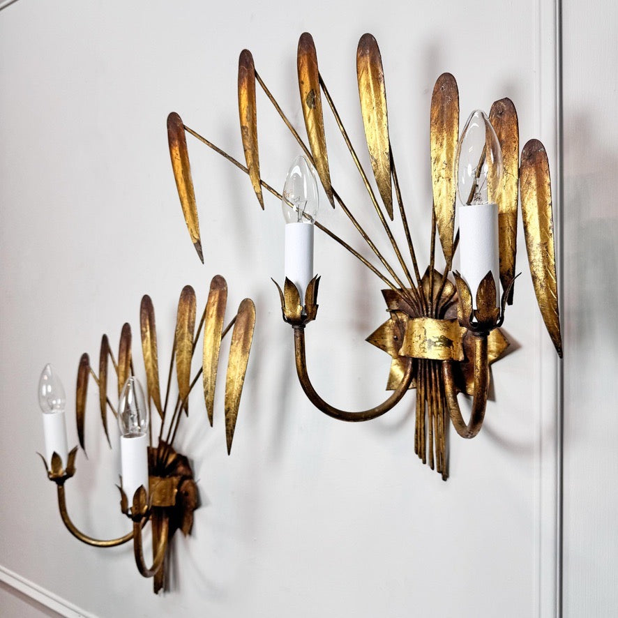 Vintage Pair of Ferro Art Gold Leaf Wall Lights