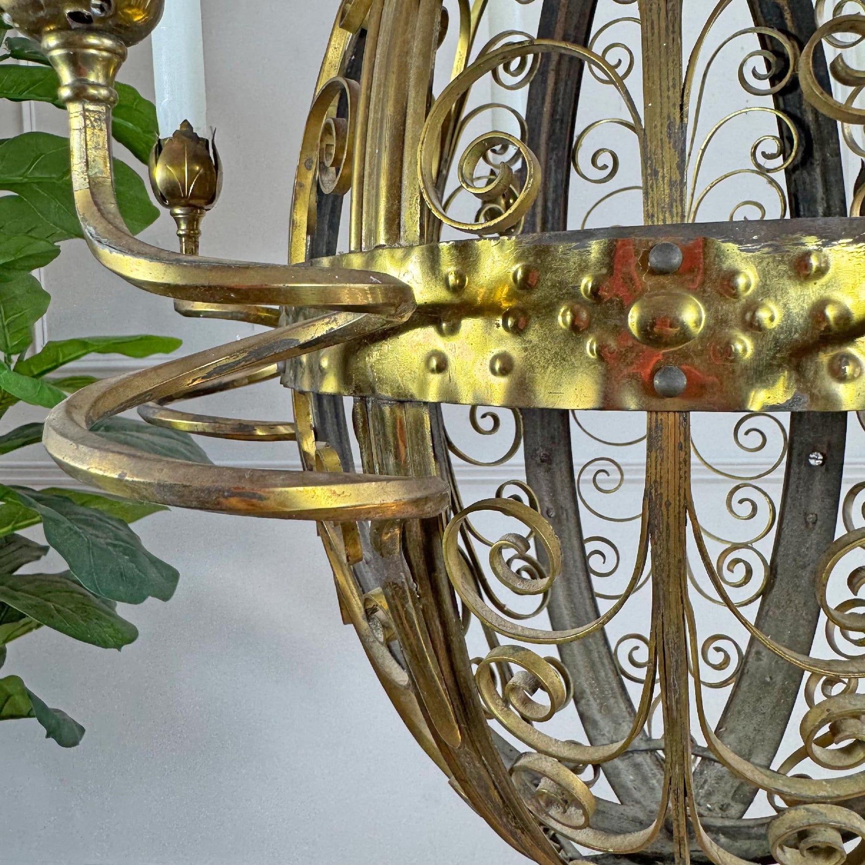 An Exceptional 19th Century Gothic Revival Wrought Iron and Brass Chandelier