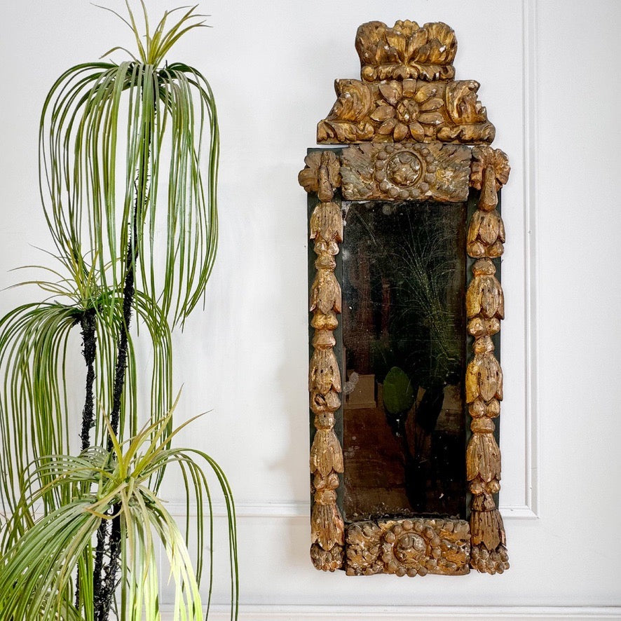 An ornate, antique Italian rectangular wall mirror with a highly carved, sculpted golden wooden frame, shown hanging on a white paneled wall next to a green potted plant.