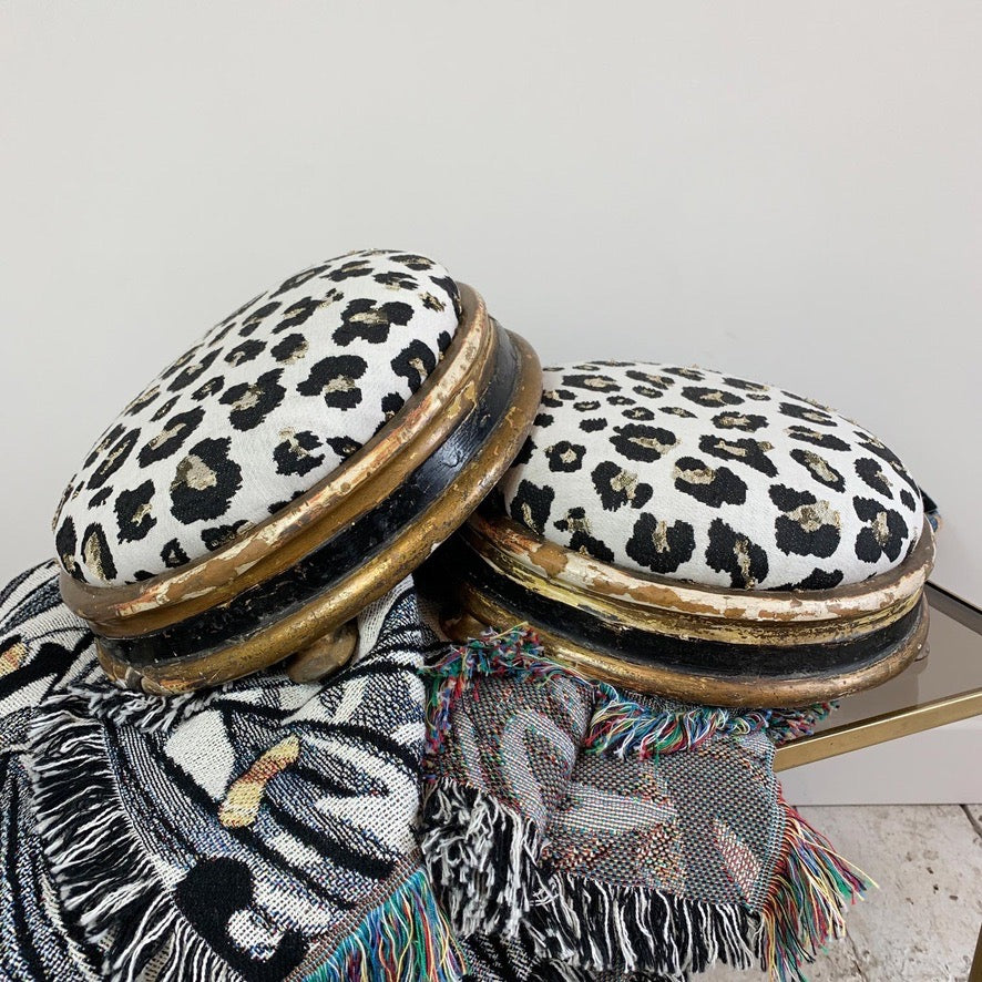 Victorian Petite Foot Stools in Woven Leopard Jacquard Fabric